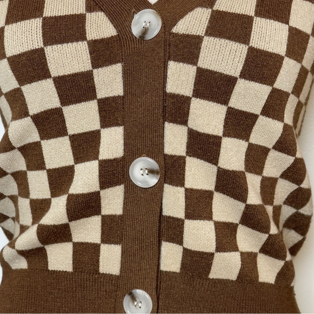 Vintage-Inspired Brown & Cream Checkerboard Cropped Cardigan Women XS - Picture 2 of 7